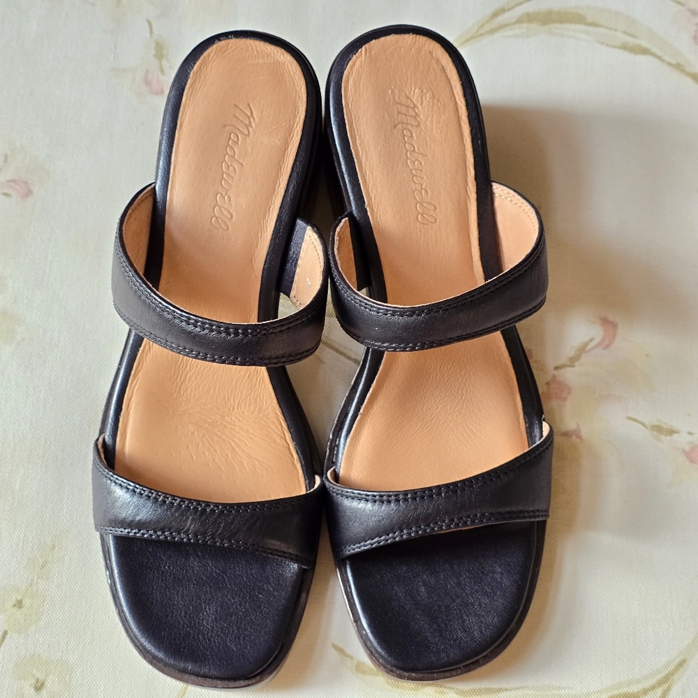 NWT Madewell The Saige Women's Sandals Sz 9 Leather Black Block Heels Slip On - Picture 6 of 14